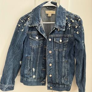 Pilcro Distressed & Beaded / Pearl Dark Denim Jacket - Size S (Anthropologie)